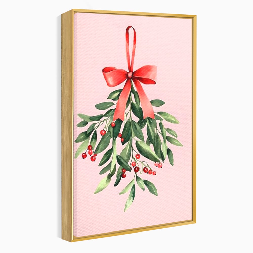 Tablou canvas cu ilustratie digitala cu creanga de vasc agatata de o funda rosie, in rama de aluminiu auriu